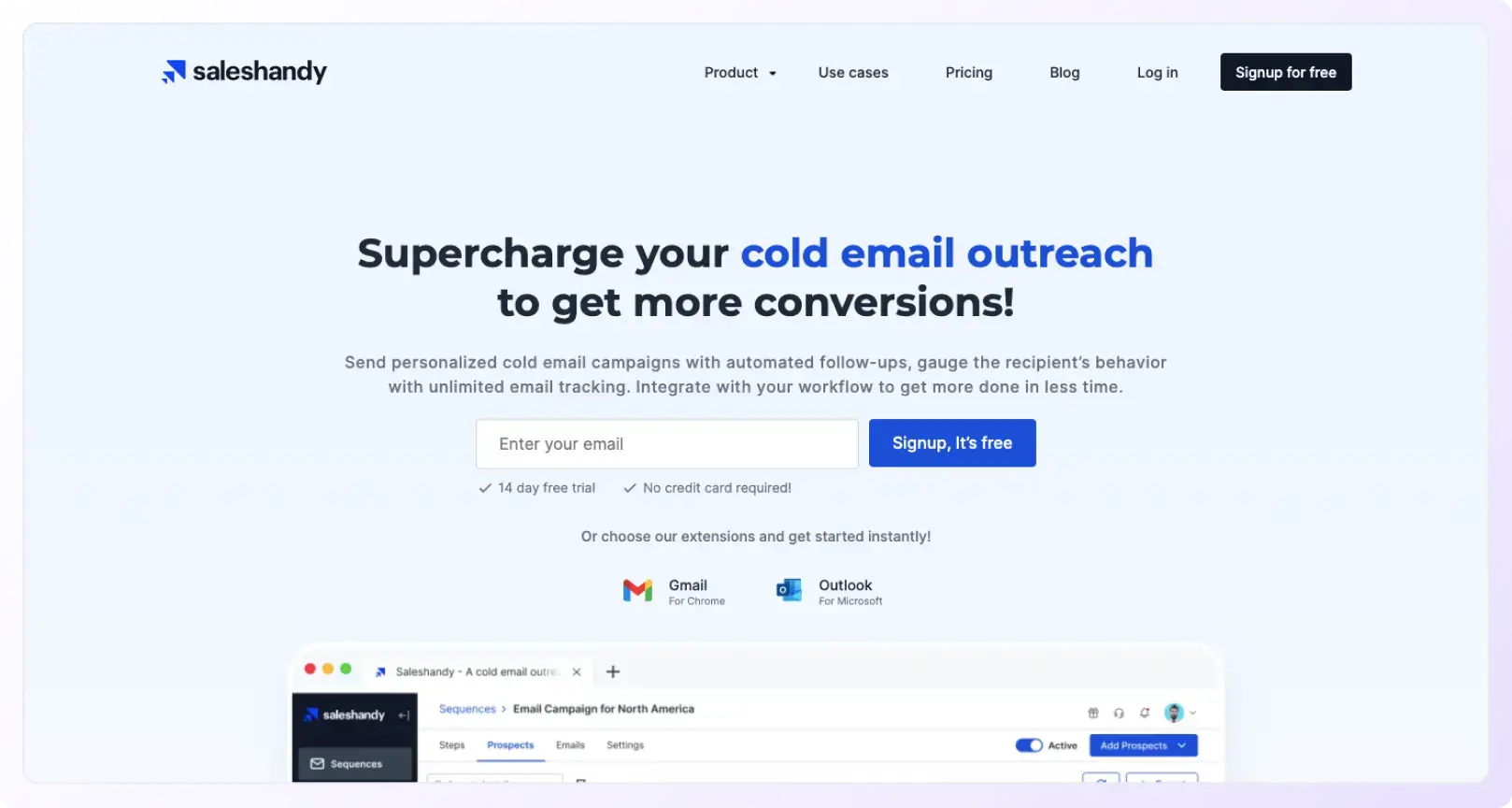 Cold email software sales handy landing page