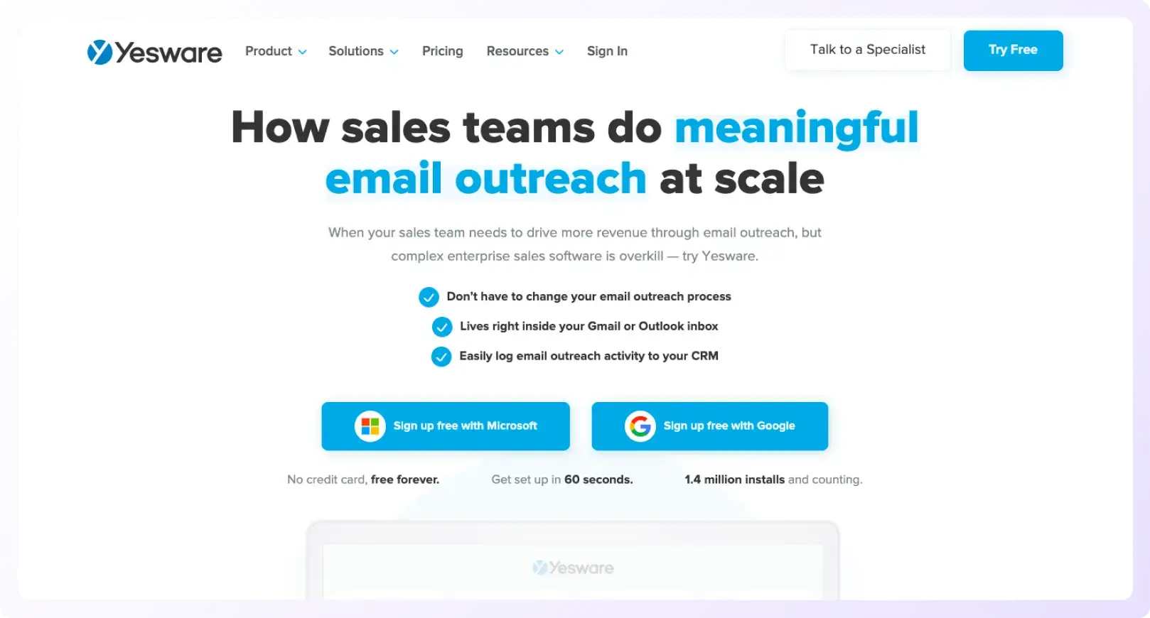 Cold email software Yesware landing page