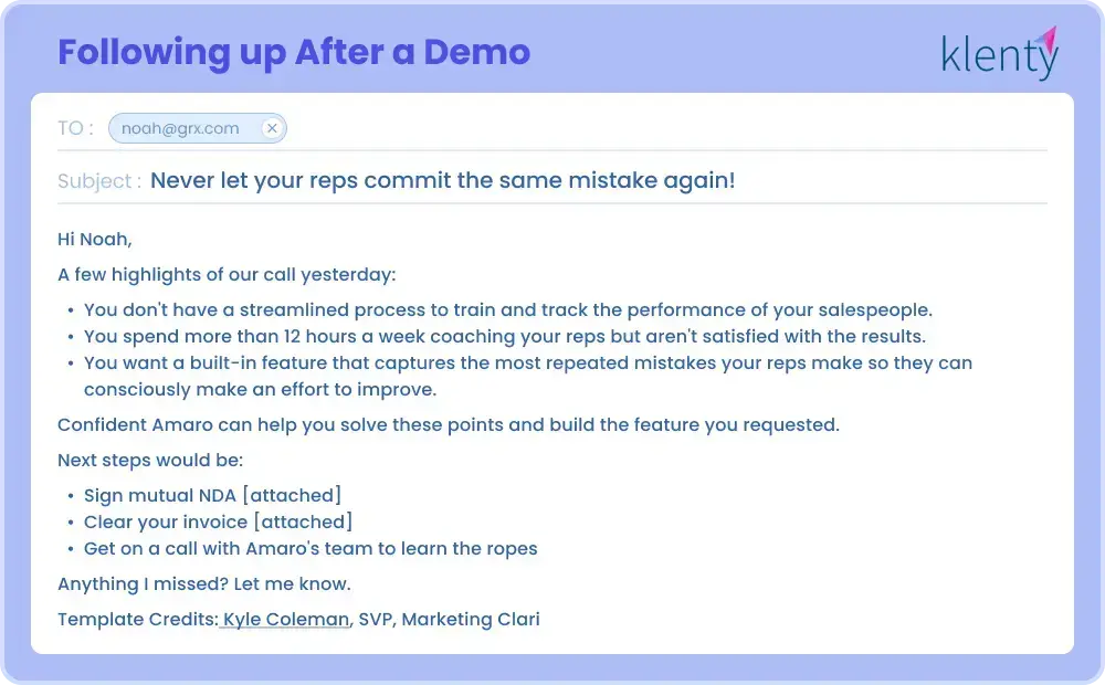 Sales Follow Up Email example After a Product Demo