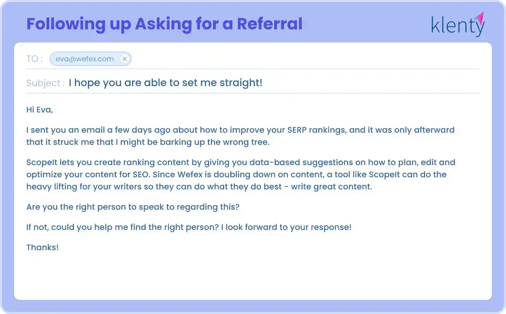 Follow-up Email example for Requesting a Referral